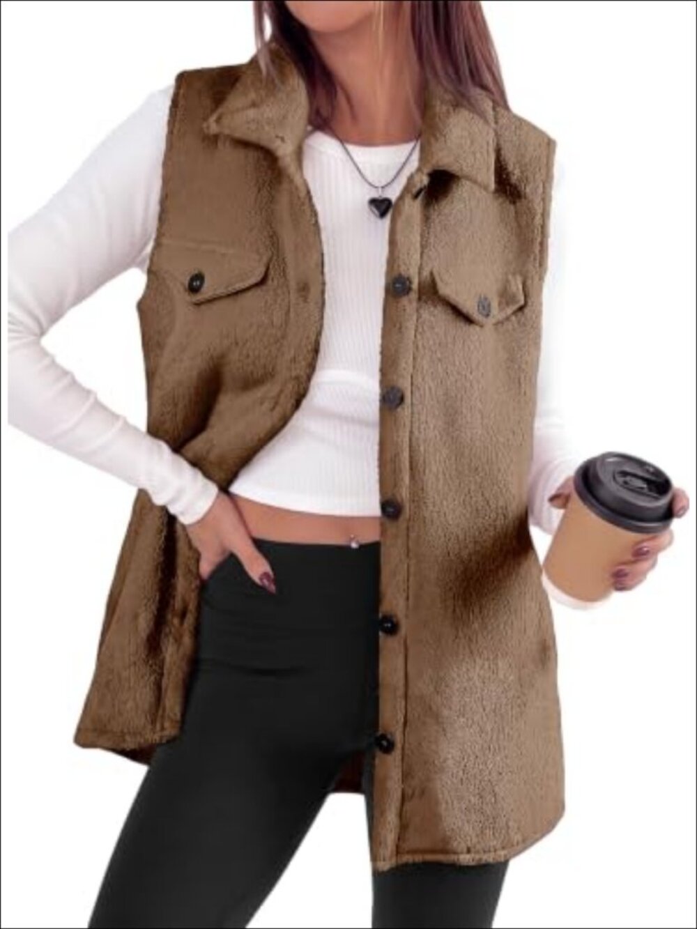 Sherpa Fleece Sleeveless Button Down Long Vest Jacket